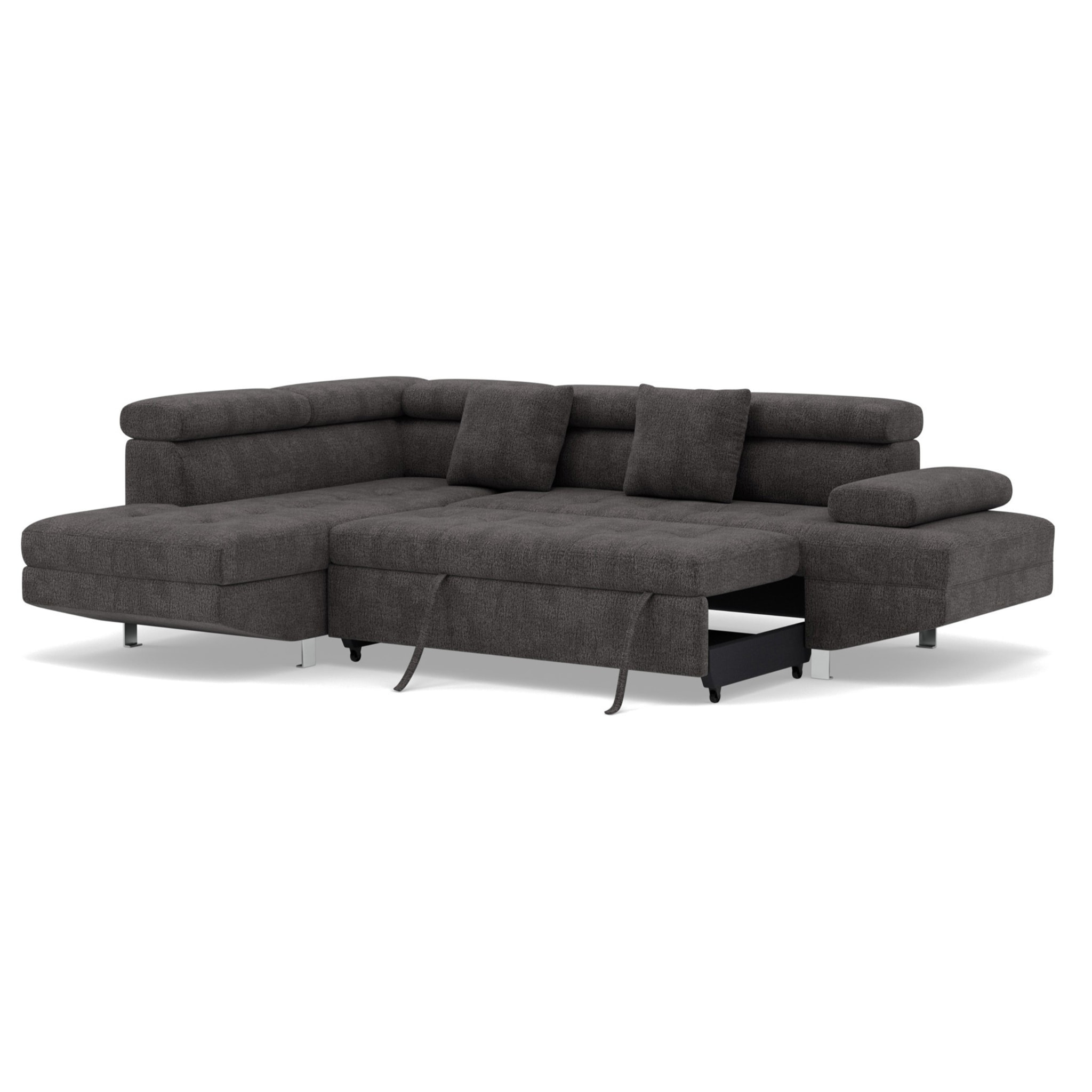 Margaux - Canapé d'angle gauche 5 places convertible avec coffre et têtières réglables en velours texturé - Gris