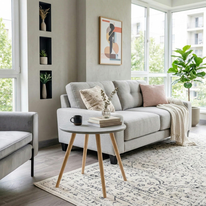 Bout de canapé rond pieds bois et plateau béton D65xH57cm