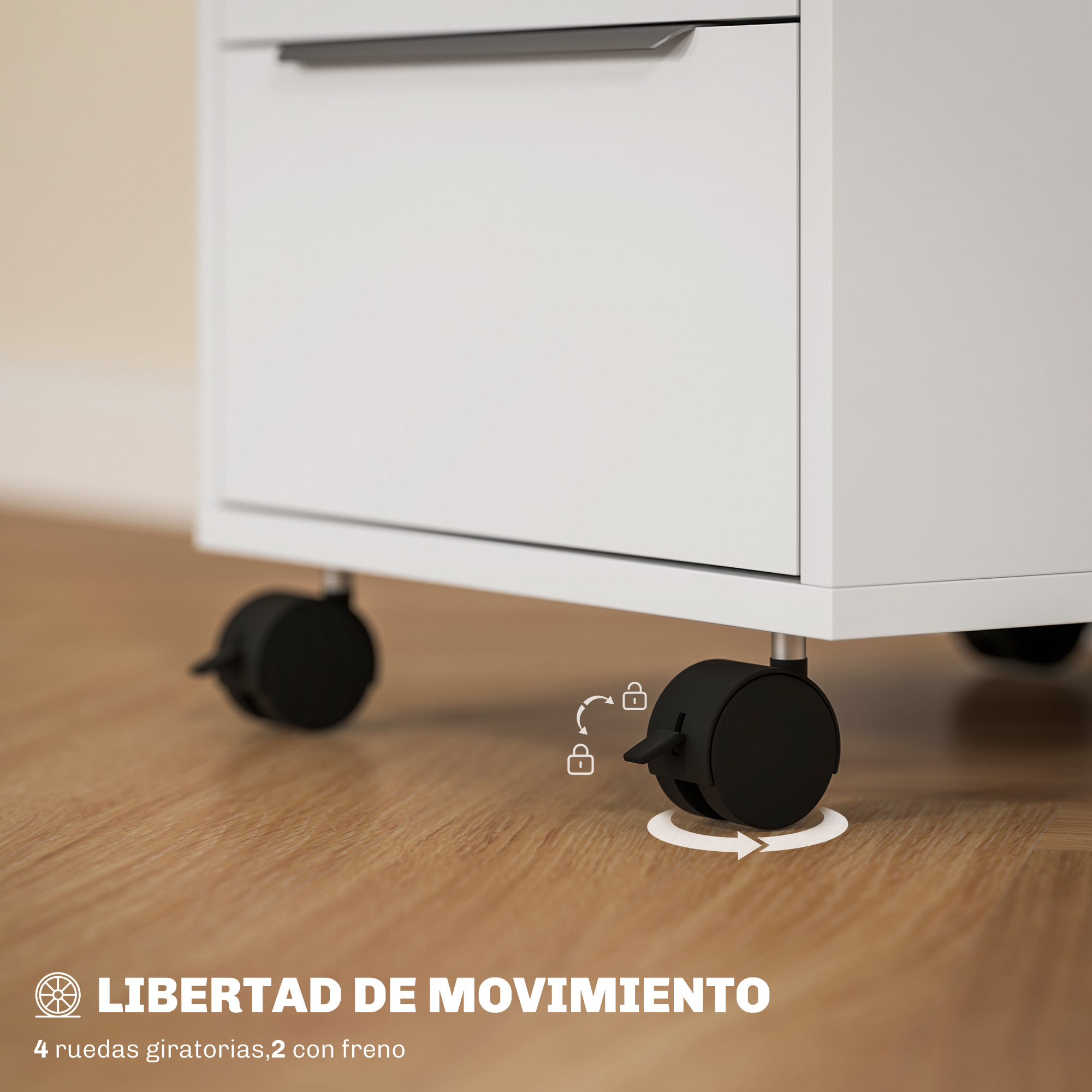 Cajonera de Escritorio con 3 Cajones Cajonera de Oficina con Ruedas Cerradura y 2 Llaves Archivador Móvil para Estudio Salón 40x40x63,5 cm Blanco