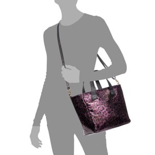 Cassandra bolso tote mujer. Piel auténtica Gamuza, animal print leopardo, lacado brillante.