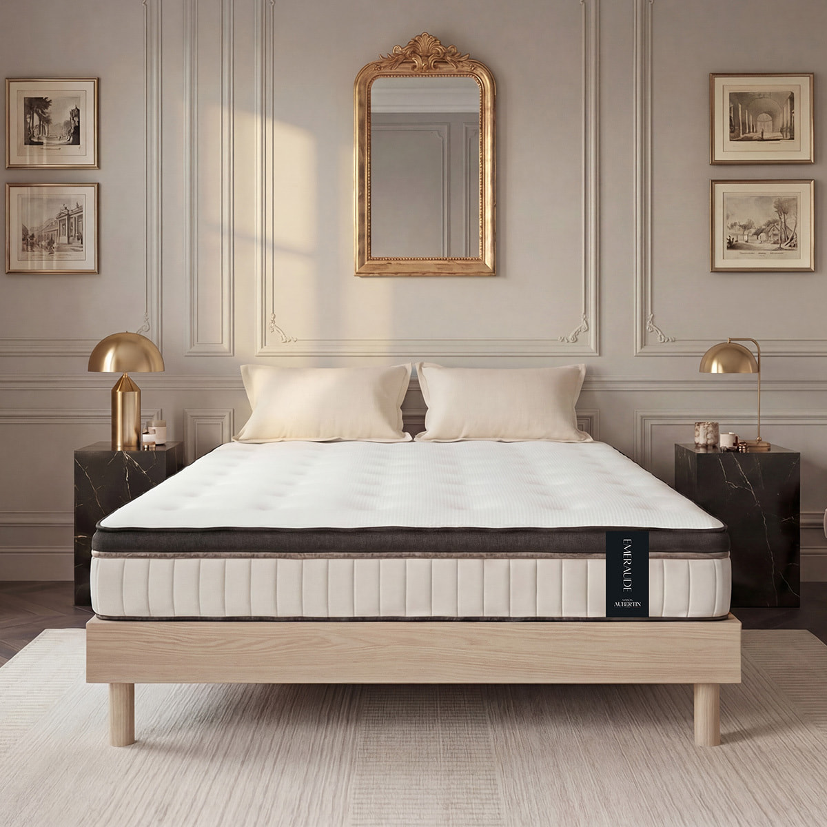 Ensemble Matelas Émeraude & Sommier Kit Bois, Mémoire de Forme & Air System, 25 cm, Accueil Moelleux, Soutien Ferme, Lattes Actives