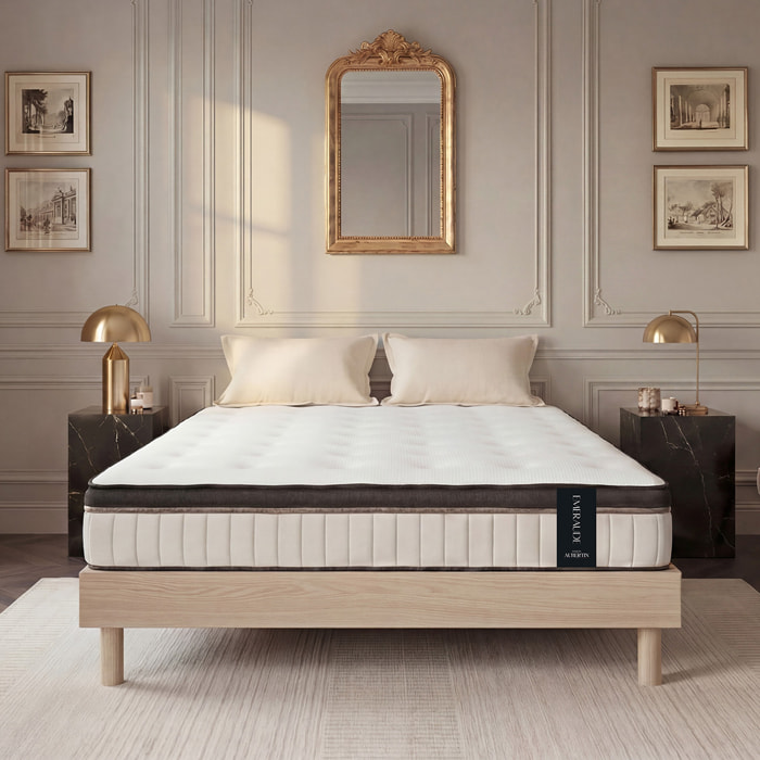 Ensemble Matelas Émeraude & Sommier Kit Bois, Mémoire de Forme & Air System, 25 cm, Accueil Moelleux, Soutien Ferme, Lattes Actives