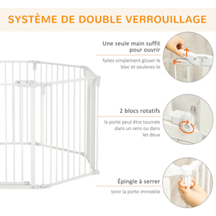 Barrière de sécurité - parc enclos chien modulable pliable - porte verrouillable - 8 panneaux acier et PP - dim. 482,5L max. x 76H cm blanc