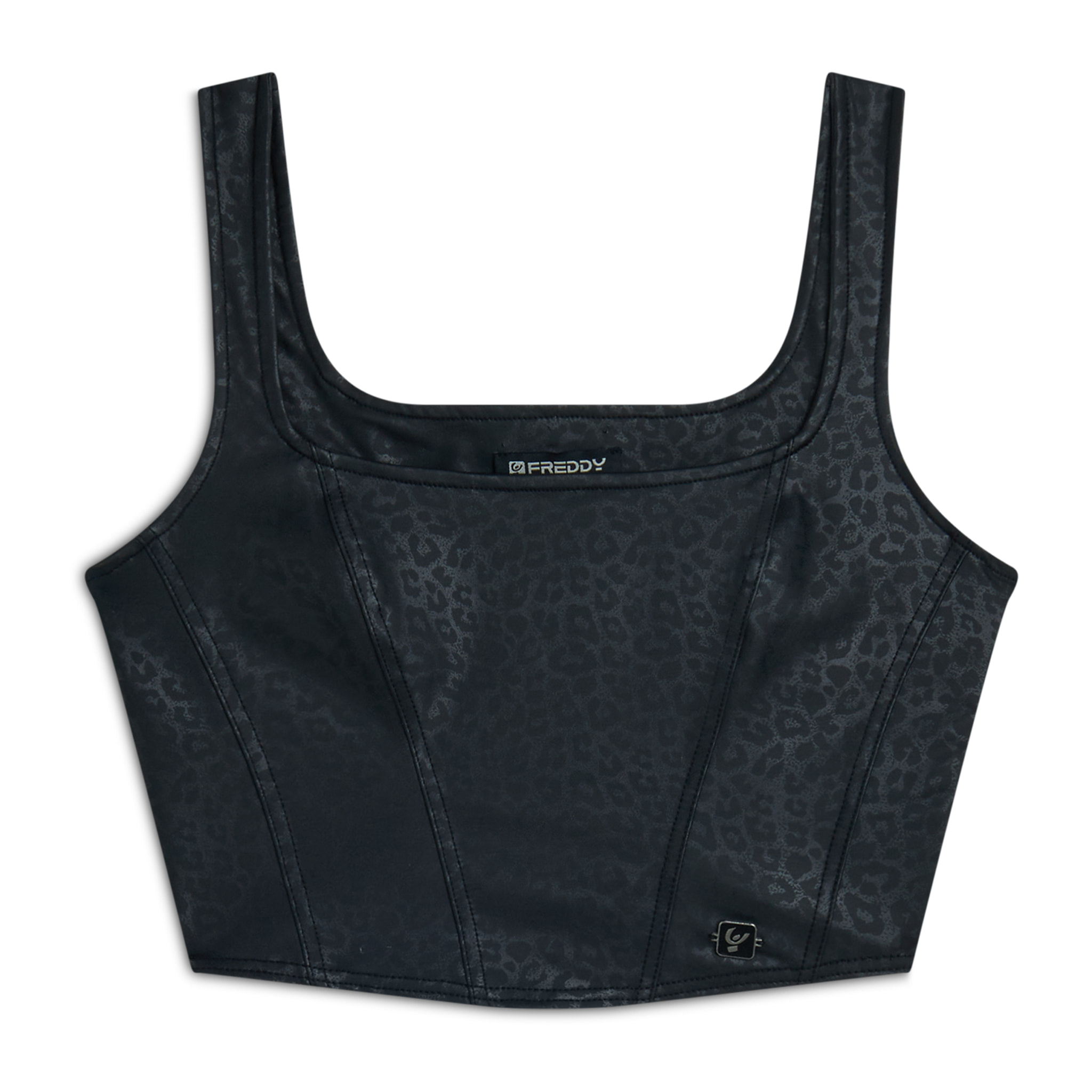 Top corto a bustier in similpelle stampa animalier lucida