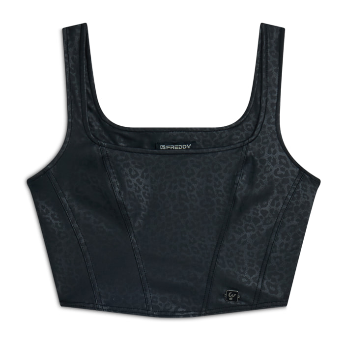 Top corto a bustier in similpelle stampa animalier lucida