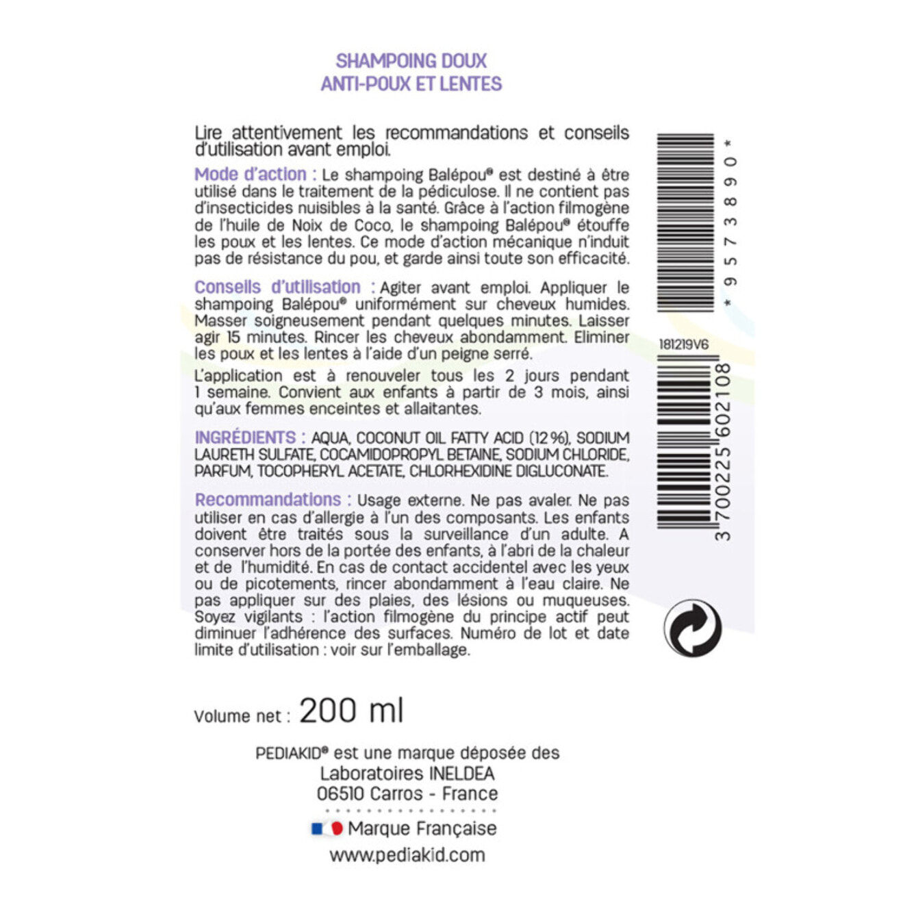PEDIAKID - Traitement complet Balépou® anti-poux et lentes - 1 Shampoing Anti-Poux et Lentes 200 ml + 1 Spray Répulsif 100 ml + 1 peigne - Lot de 2