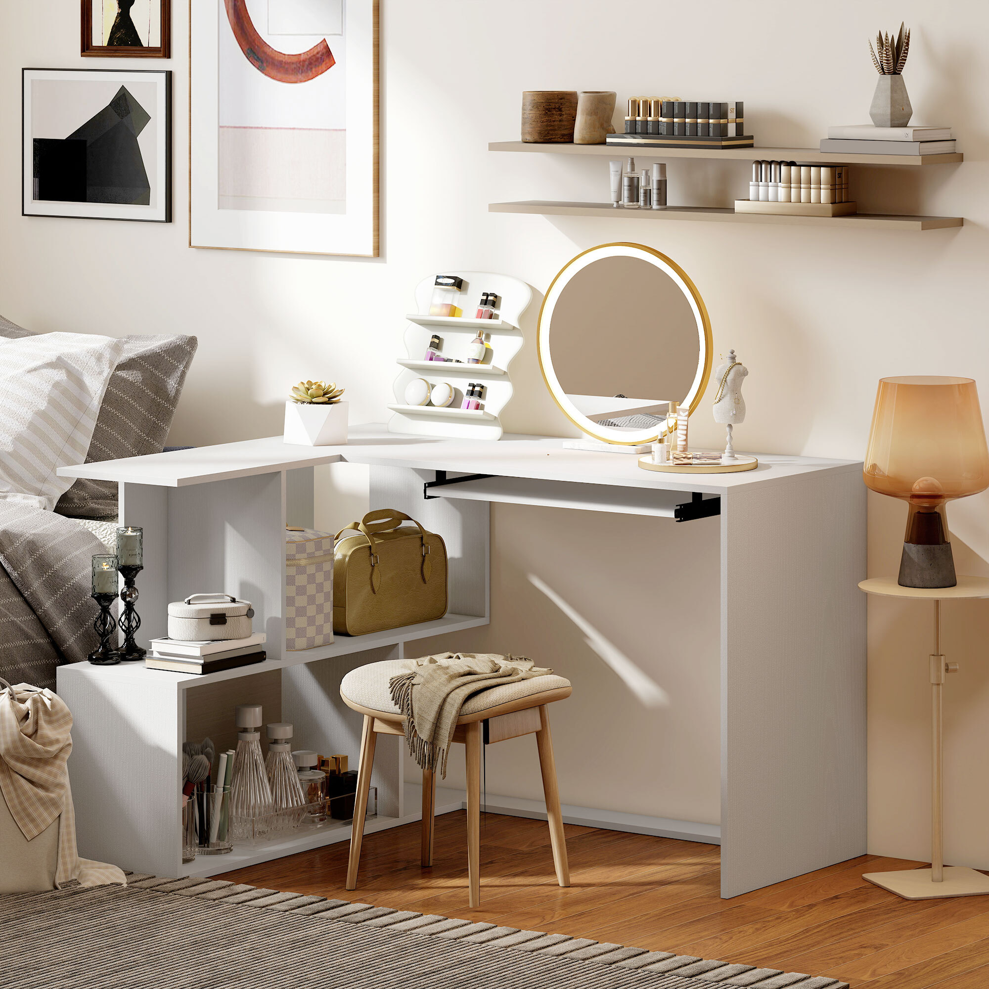 Bureau informatique - bureau d'angle 120 x 100 cm - tablette coulissante clavier, 4 niches - effet bois blanc