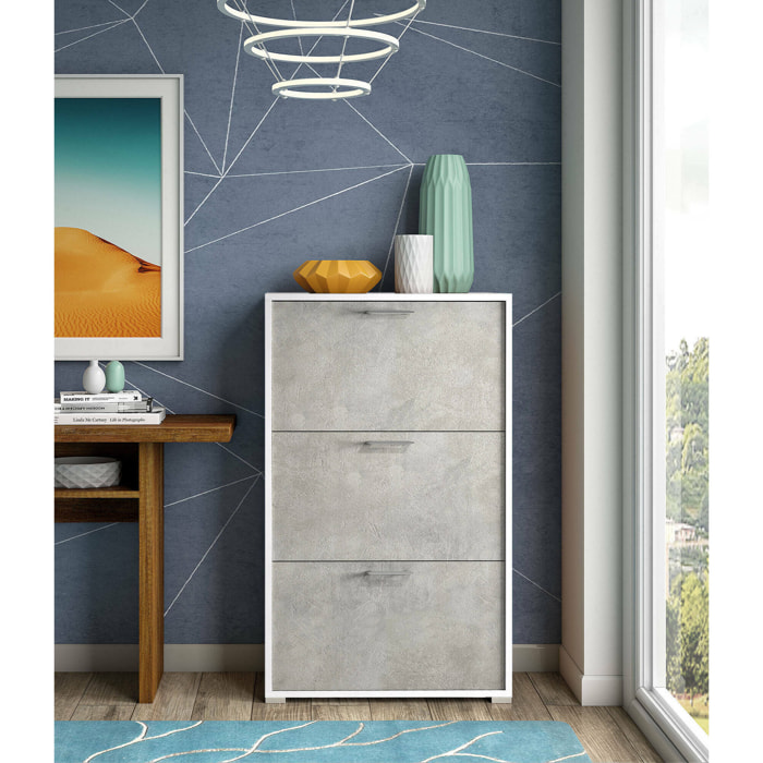 Scarpiera Amelisa, Mobile multiuso da ingresso con 3 ante a ribalta, Armadietto portascarpe moderno, 100% Made in Italy, 67x18h112 cm, Bianco e Cemento