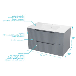 Meuble de Salle de Bains LEON 80cm Gris - 2 Tiroirs en MDF Ondulés - Vasque à encastrer