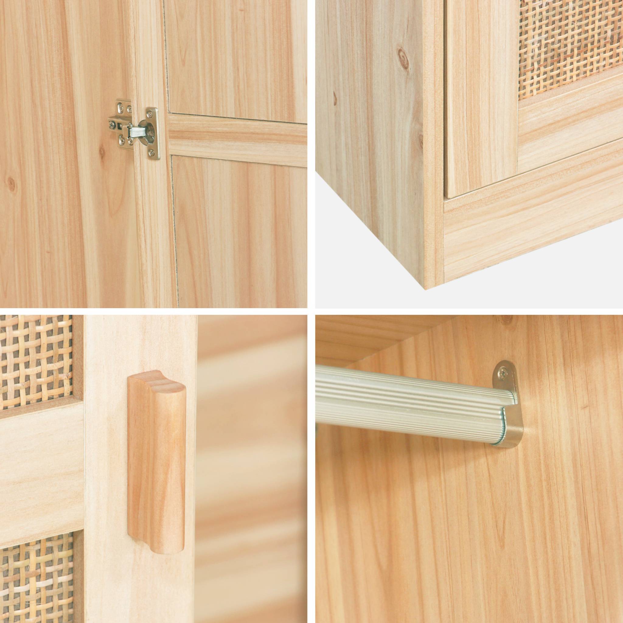 Armoire dressing cannage et effet bois. 2 portes avec penderie et rangements