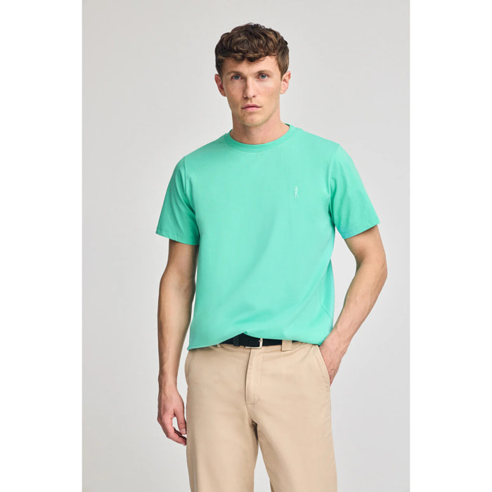 Camiseta aguamarina de cuello redondo y Big Rigby Go engomado