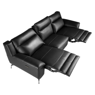 Sofá relax de 3 plazas tapizado en piel de origen vacuno en negro patas de acero inoxidable cromado 2 sistemas de relax eléctrico 264x93x92cm