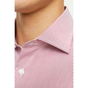 Camicia Uomo 1 Bottone Francese Slim Cotone Riga Stretta Rosso Bordeaux/Bianco