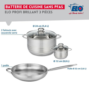 Ensemble de 1 Poêle de cuisson 32 cm et 2 faitouts 12 et 24 cm Elo Profi Brillant
