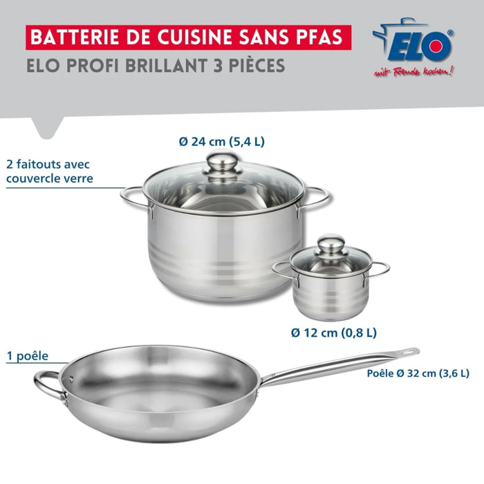 Ensemble de 1 Poêle de cuisson 32 cm et 2 faitouts 12 et 24 cm Elo Profi Brillant