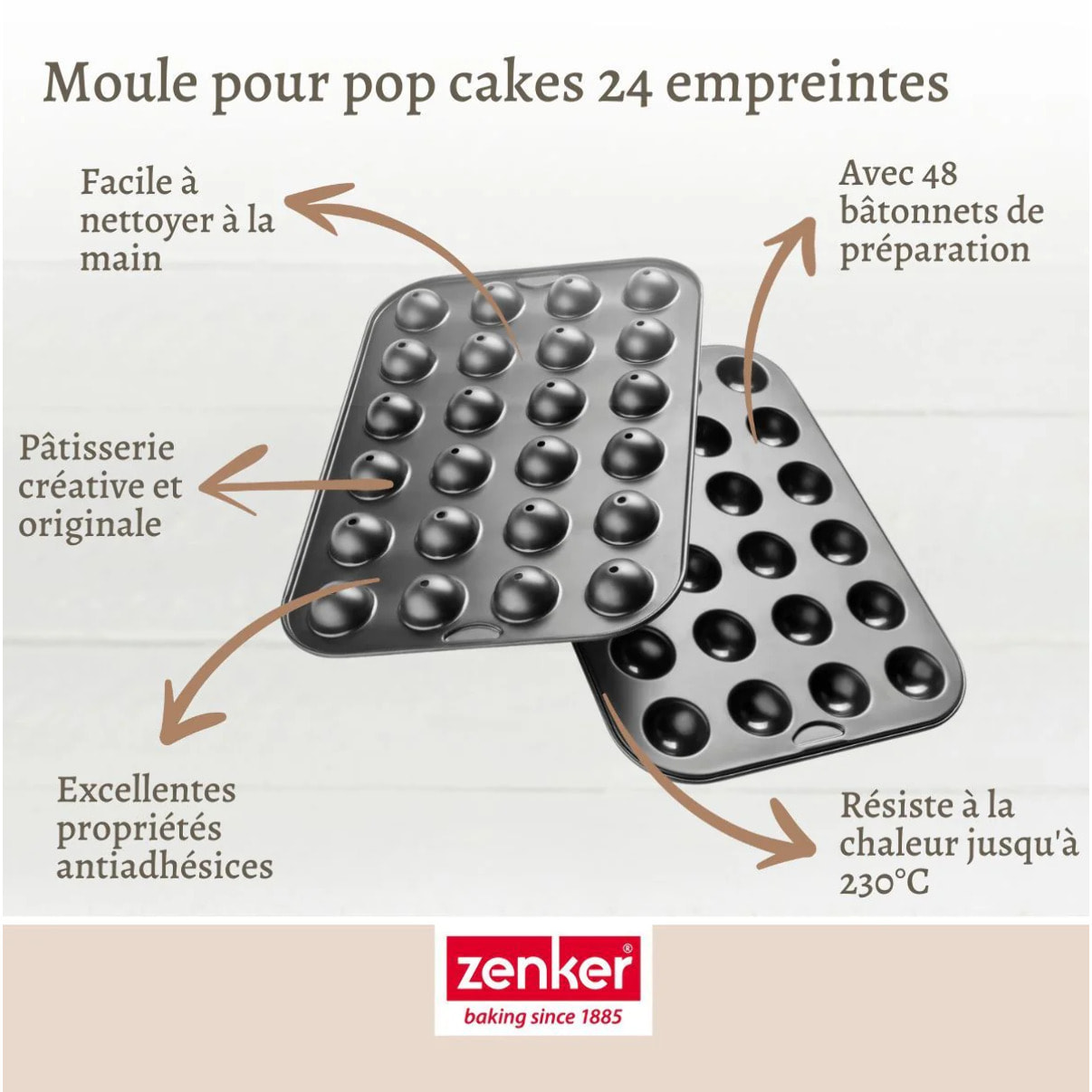 Ensemble avec 1 Moule pop cake 24 empreintes et 48 bâtonnets, 1 spatule Zenker et 2 bols à mixer en inox Fackelmann