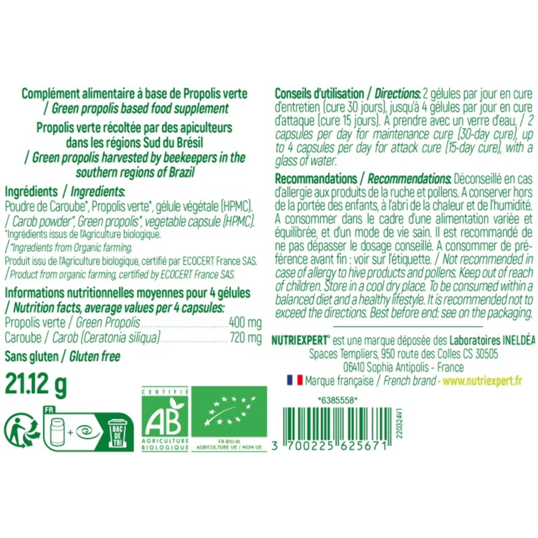 NUTRI EXPERT - Propolis Verte BIO - Renforce les défenses naturelles - Extrait de baccharis - Poudre de Caroube - Cure Automne/Hiver - Sans gluten ni allergène - 60 gélules
