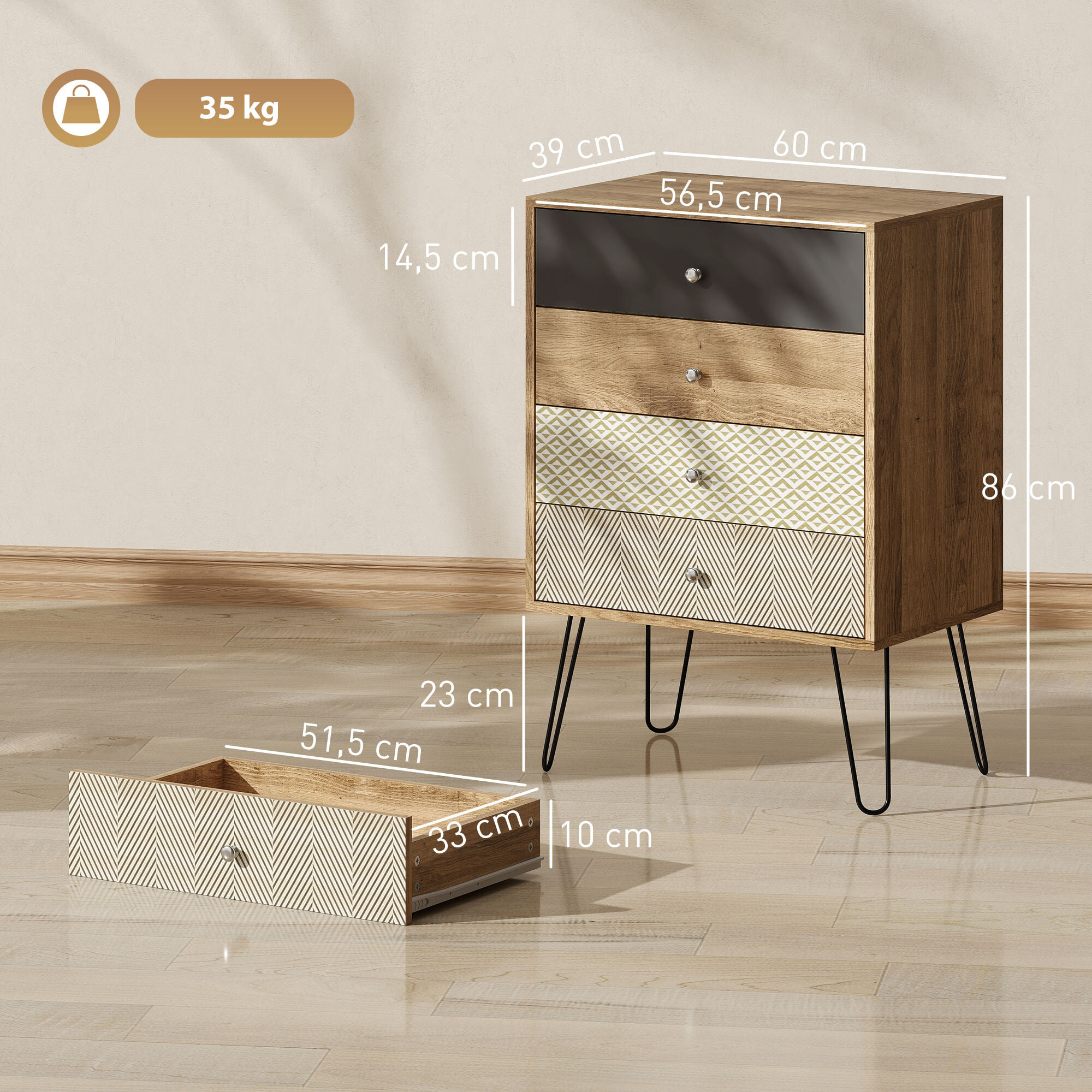 Cómoda 4 Cajones, Cómoda Dormitorio, con Patas de Horquilla de Acero, Cajonera para Salón, Oficina, Estilo Bohemio, 60x39x86 cm, Multicolor