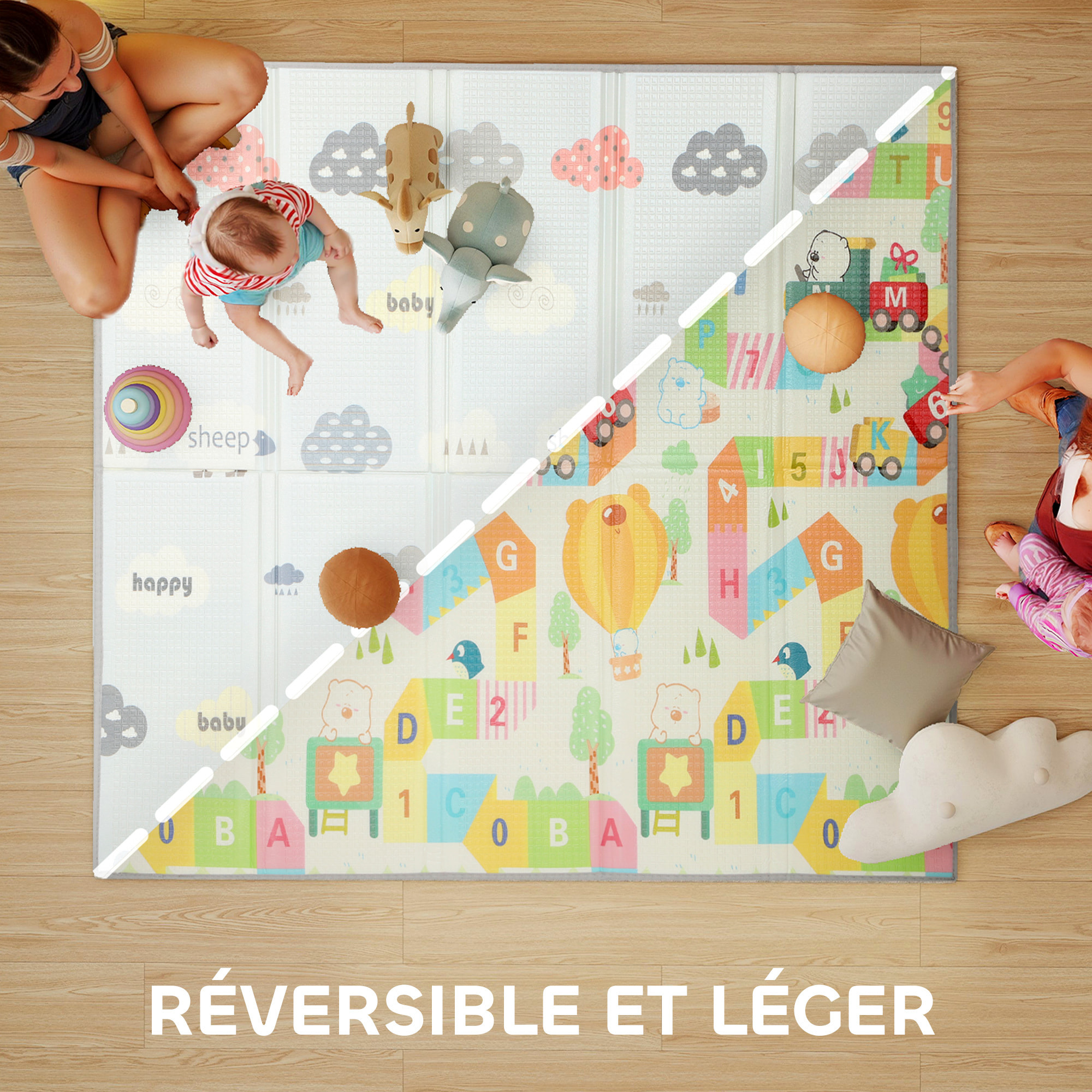 Tapis de jeu - tapis enfant pliable réversible - dim. 194 x 176,5 cm ép. 1,5 cm - chiffres lettres colorés