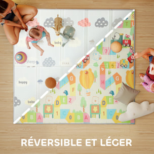 Tapis de jeu - tapis enfant pliable réversible - dim. 194 x 176,5 cm ép. 1,5 cm - chiffres lettres colorés