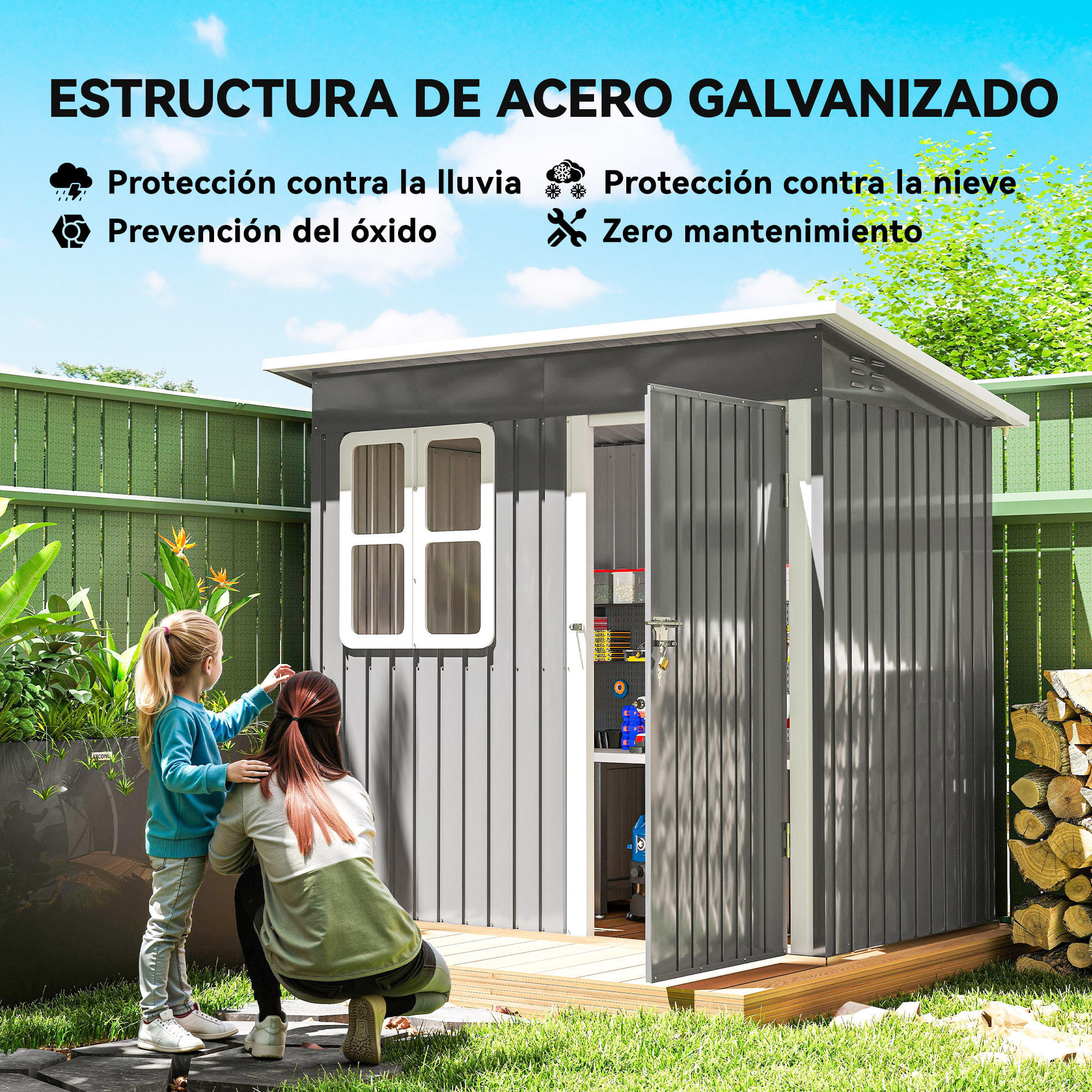 Caseta de Jardín Exterior, 2,55 m² 221x133x190 cm, Cobertizo de Jardín Exterior Metálico con Ventana, Puerta con Cerradura y Ventilaciones, para Almacenamiento de Herramientas, Gris Oscuro