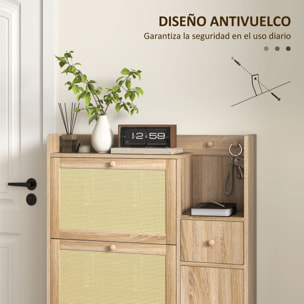 Mueble Zapatero Armario Zapatero con 3 Cajones Abatibles con Frentes de Ratán para 12 Pares de Zapatos Estantes Ajustables Zapatero Estrecho para Pasillo Entrada 80x23x120 cm Roble