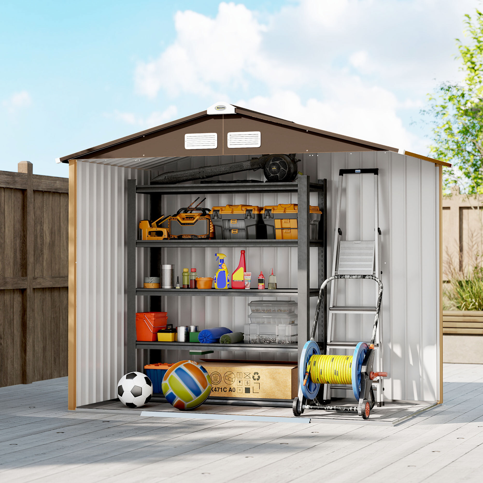 Caseta de Jardín Exterior 2,42 m², 213x130x185 cm, Cobertizo de Jardín Exterior Metálico con Puertas Correderas, Ventilación y Kit de Fundación, para Almacenamiento de Herramientas, Amarillo