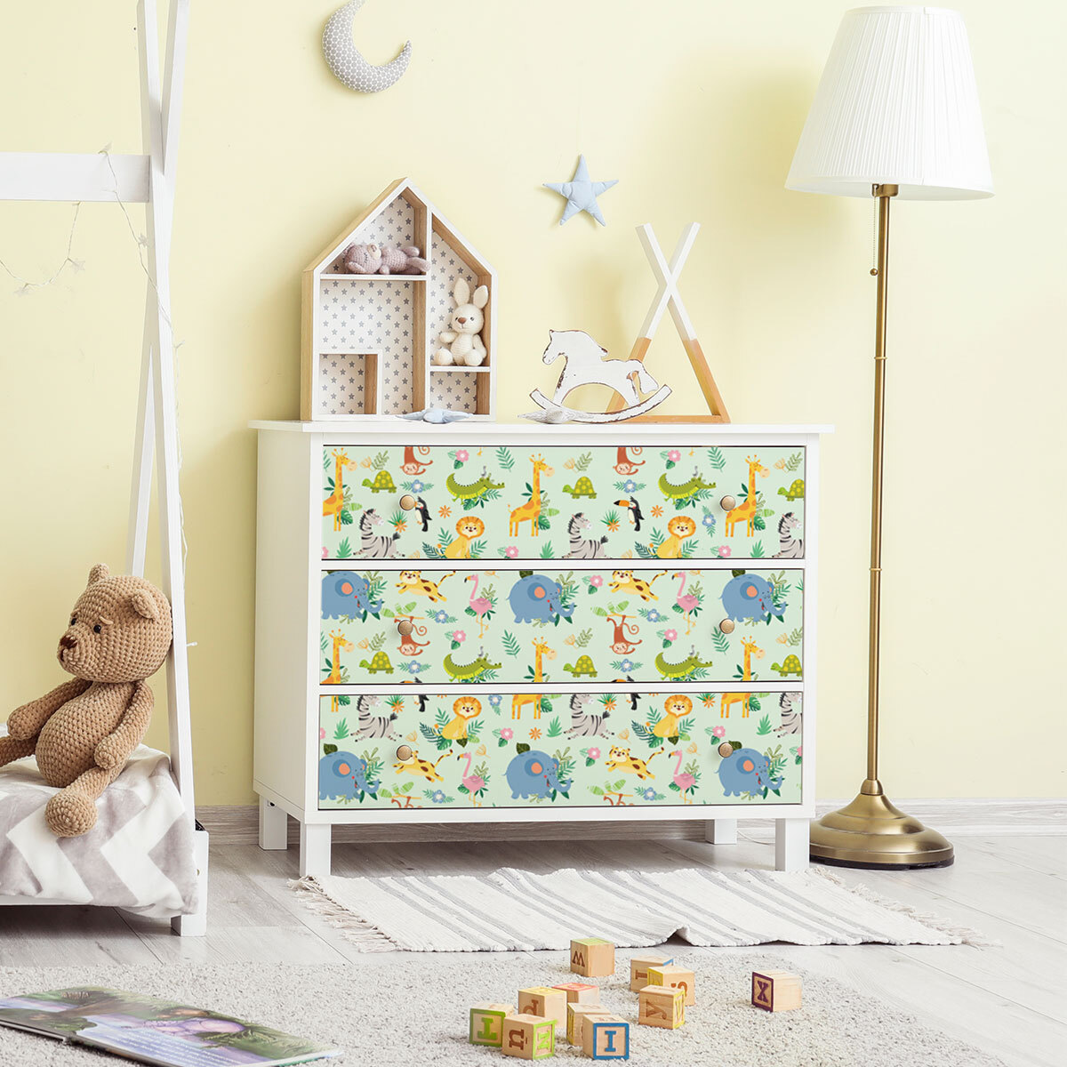 Rouleau revêtement adhésif vinyle au mètre - Sticker lavable Cuisine Meuble Armoire Porte - ANIMAUX DE LA JUNGLE