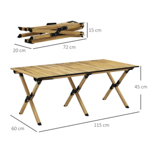 Table de camping pique-nique pliable - plateau enroulable - acier alu aspect bois naturel