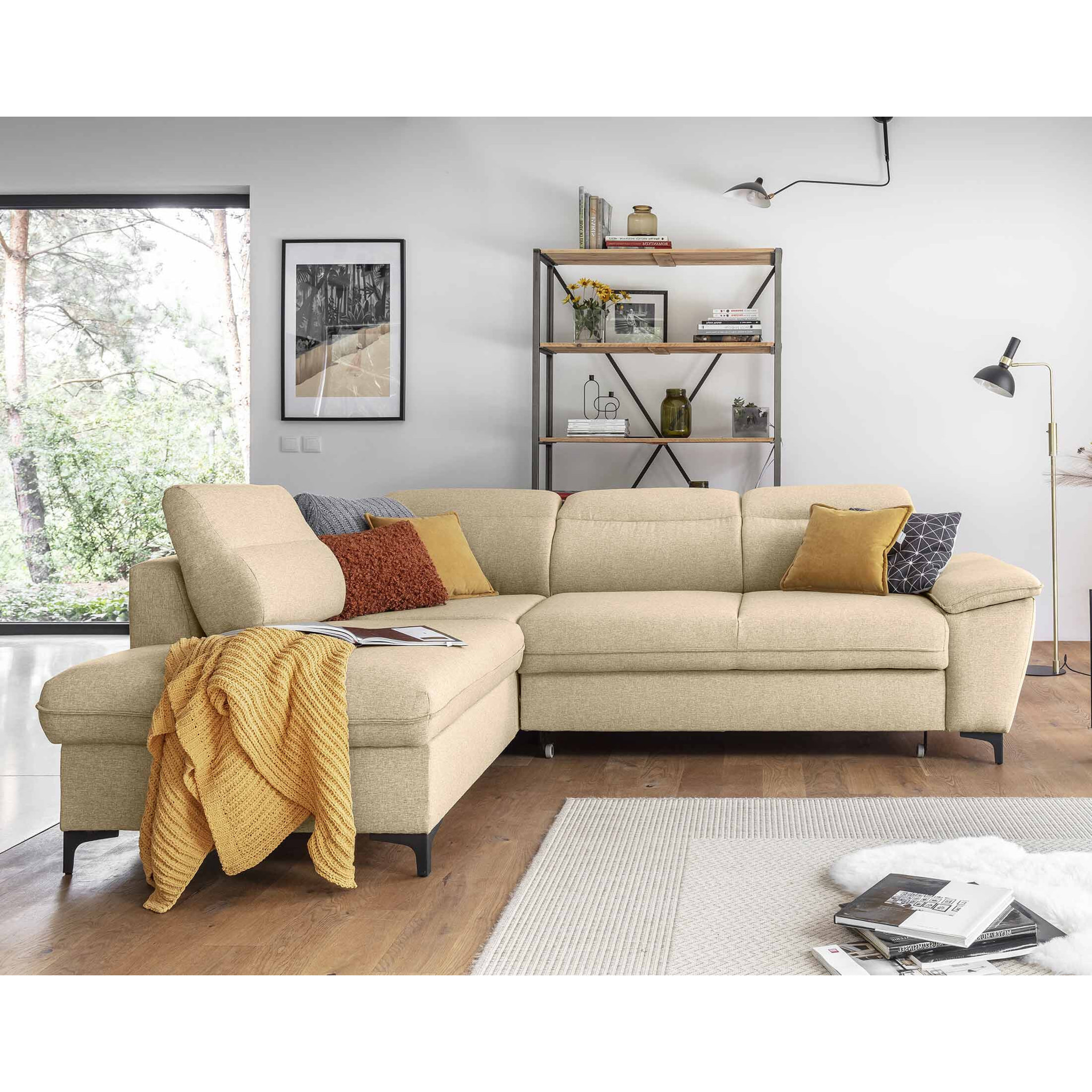 Clever - canapé d'angle gauche - 5 places - convertible avec coffre et têtières - en tissu - Beige