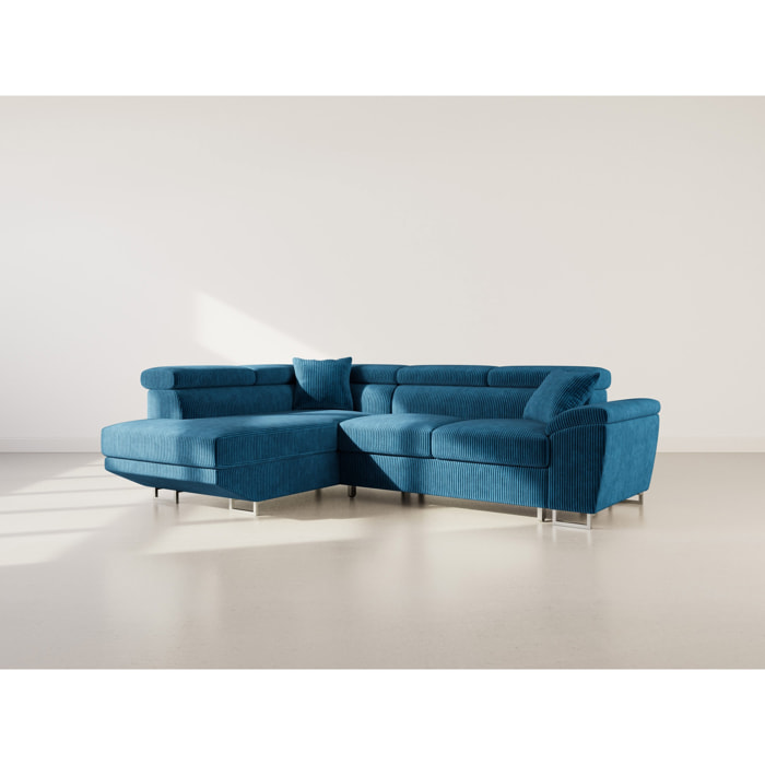 Baoji - Canapé d'angle gauche 5 places convertible avec têtières et coffre en velours côtelé - Bleu