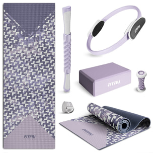 Kit de Yoga y Pilates LILA 6 accesorios con esterilla, bloque, aro, masajeadores y correa