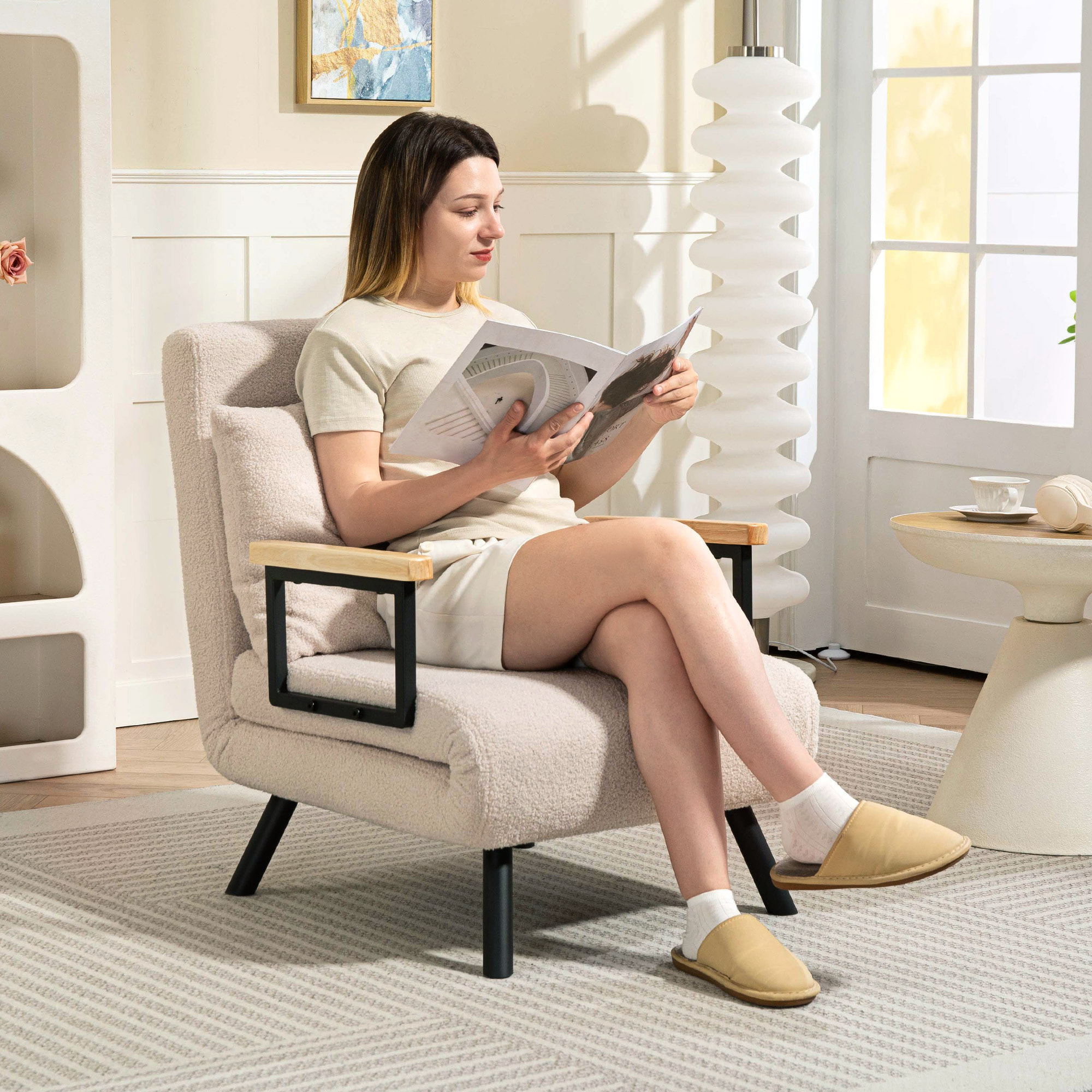 Sofá Cama de 1 Plaza Sofá Cama Plegable Tapizado en Borreguito con Respaldo Ajustable de 5 Niveles y Almohada Acolchada para Oficina Dormitorio Salón 63x73x81 cm Beige