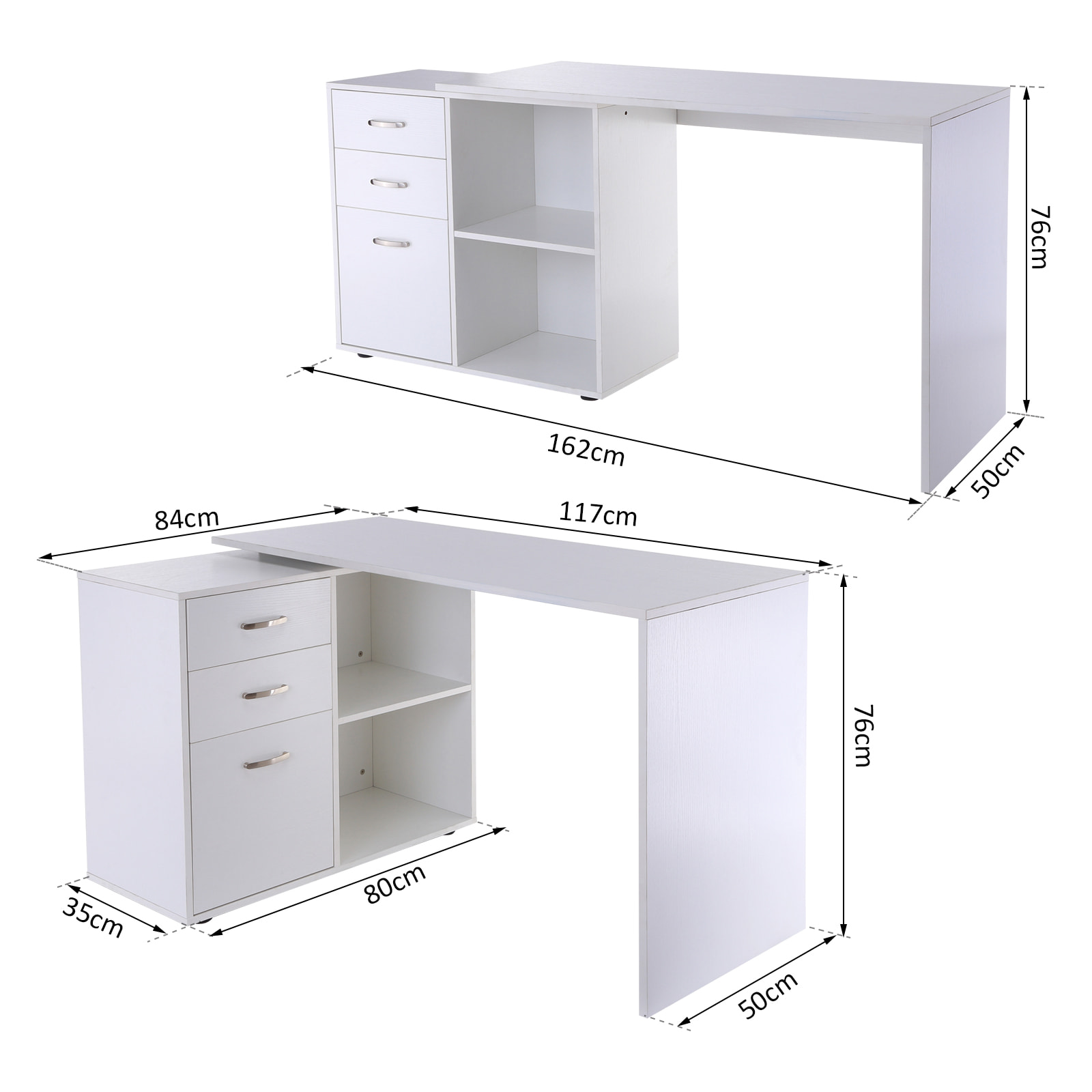 Bureau d'angle bureau droit modulable 2 en 1 bureau informatique tiroirs x 3 + 2 niches MDF blanc