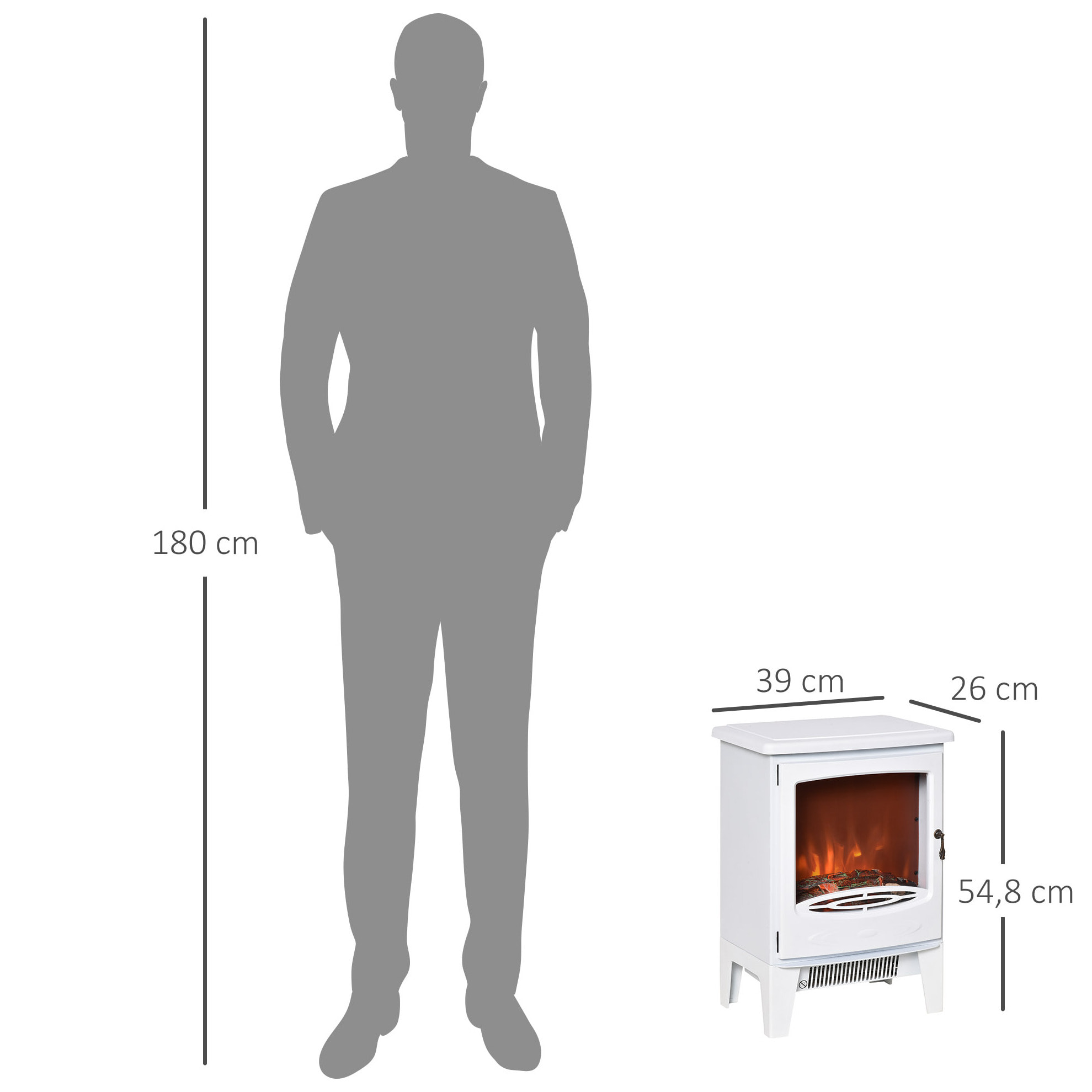 Chimenea Eléctrica Portátil de 900/1800W con Efecto de Llama Termostato Ajustable y Protección Sobrecalentamiento hasta 20 m² 39x26x54,8 cm Blanco