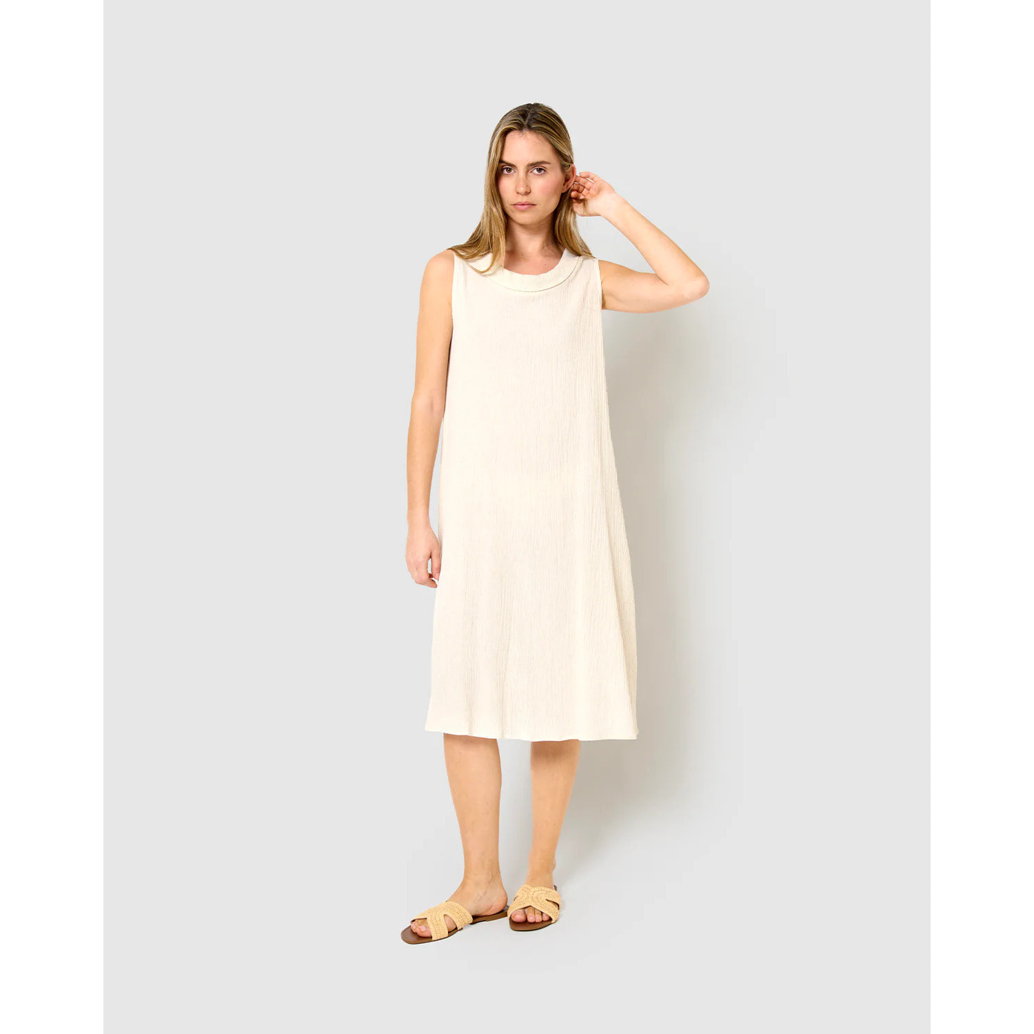 Vestido midi cuello drapeado algodón lino  natural