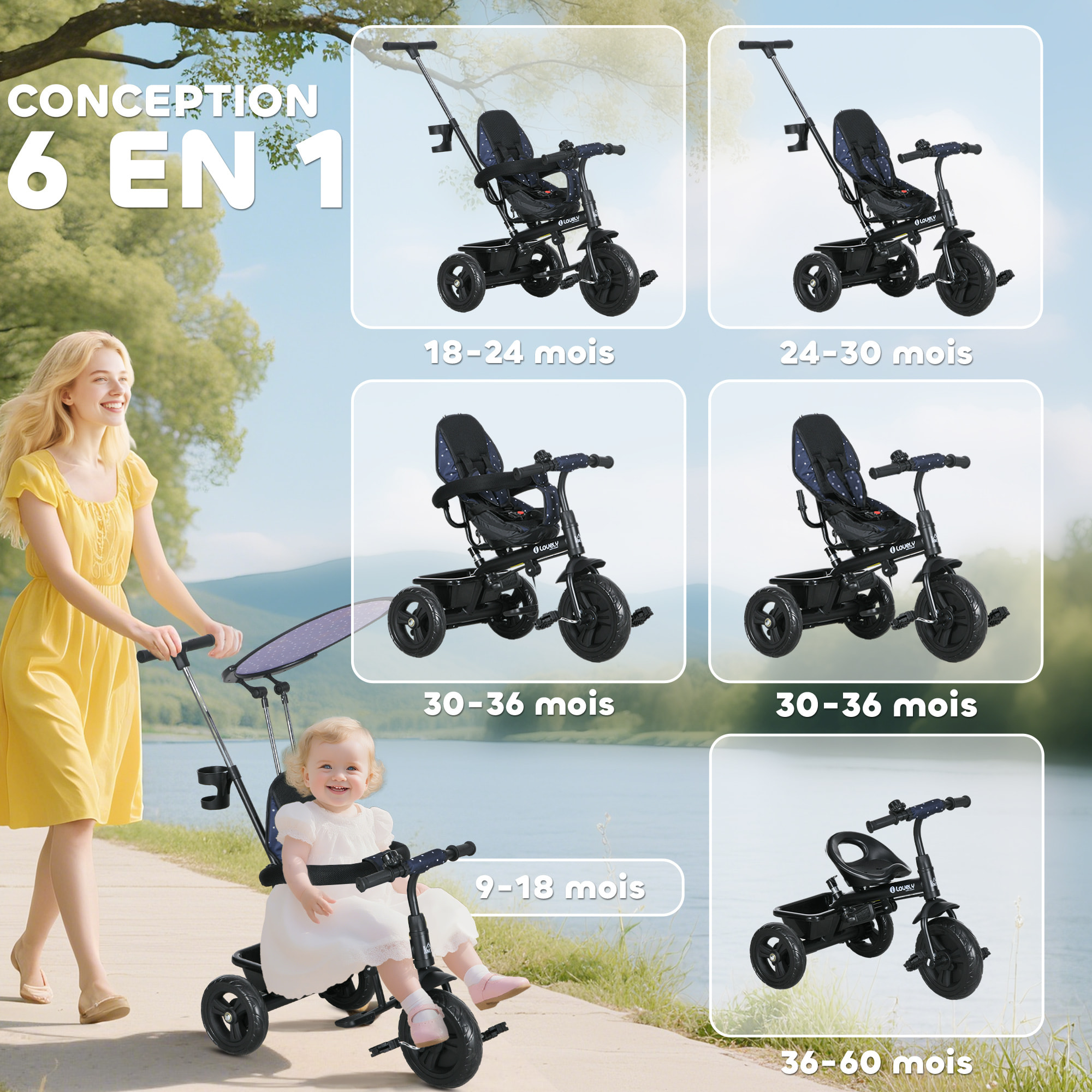 Tricycle enfant pare-soleil pliable canne amovible benne rangement acier bleu à pois noir