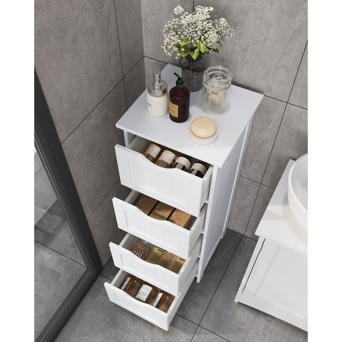 Mobiletto da Bagno Salvaspazio con 4 Cassetti in Legno Bianco