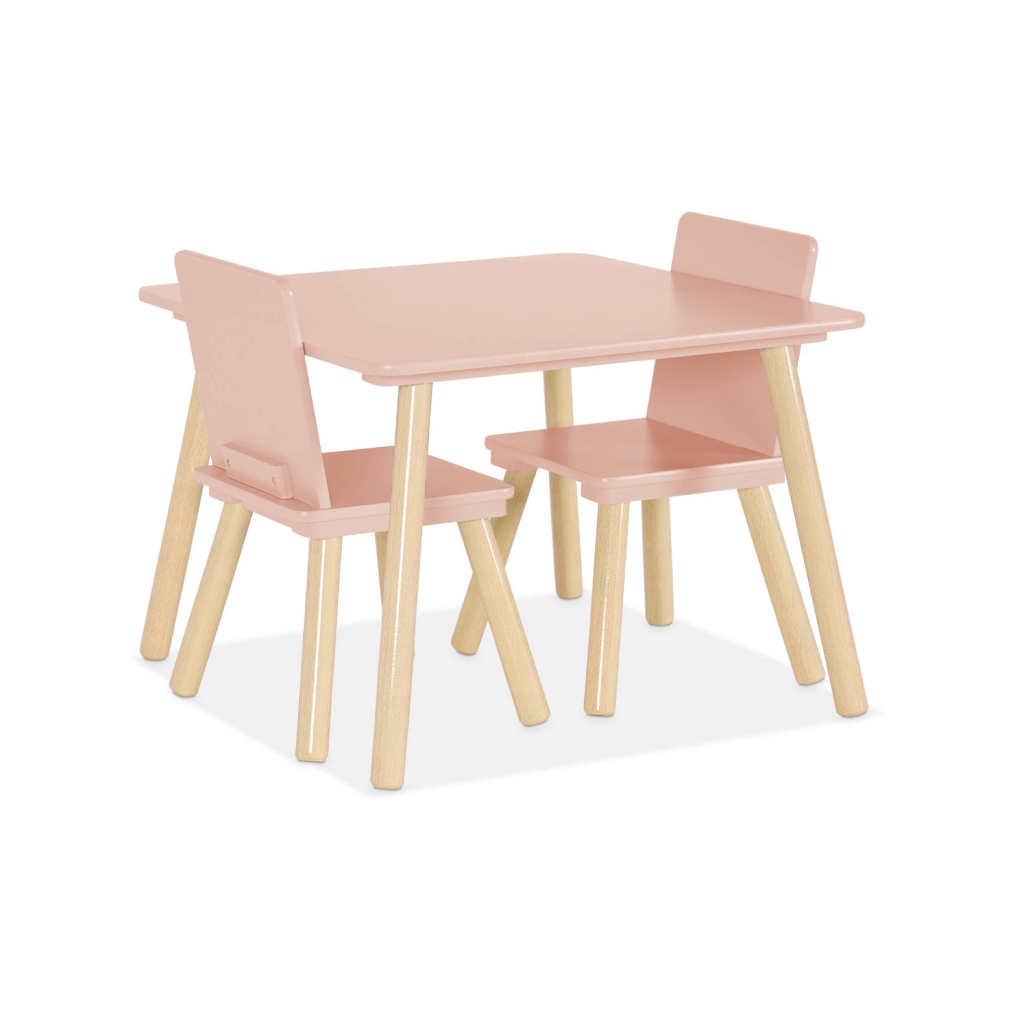 Table carrée enfant avec 2 chaises. pieds en pin. rose