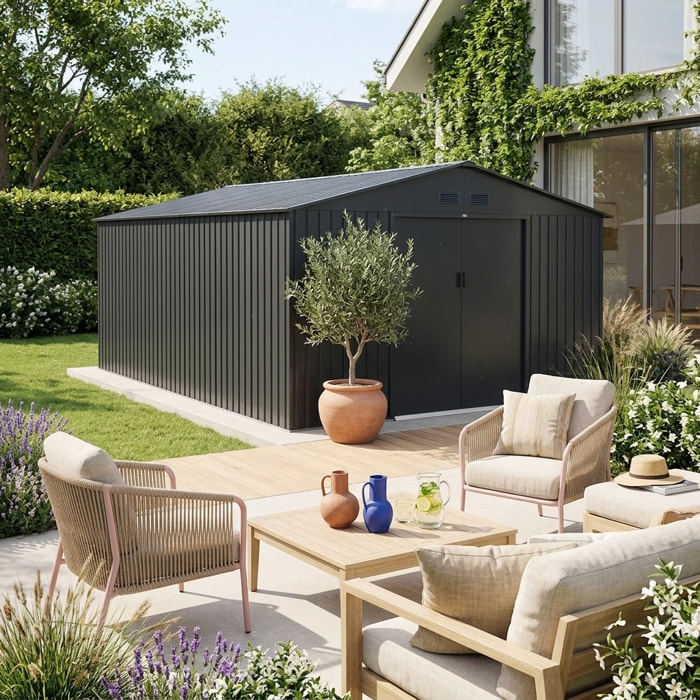 Abri de jardin acier galvanisé 15,35m² avec kit d'ancrage VIROLOIX