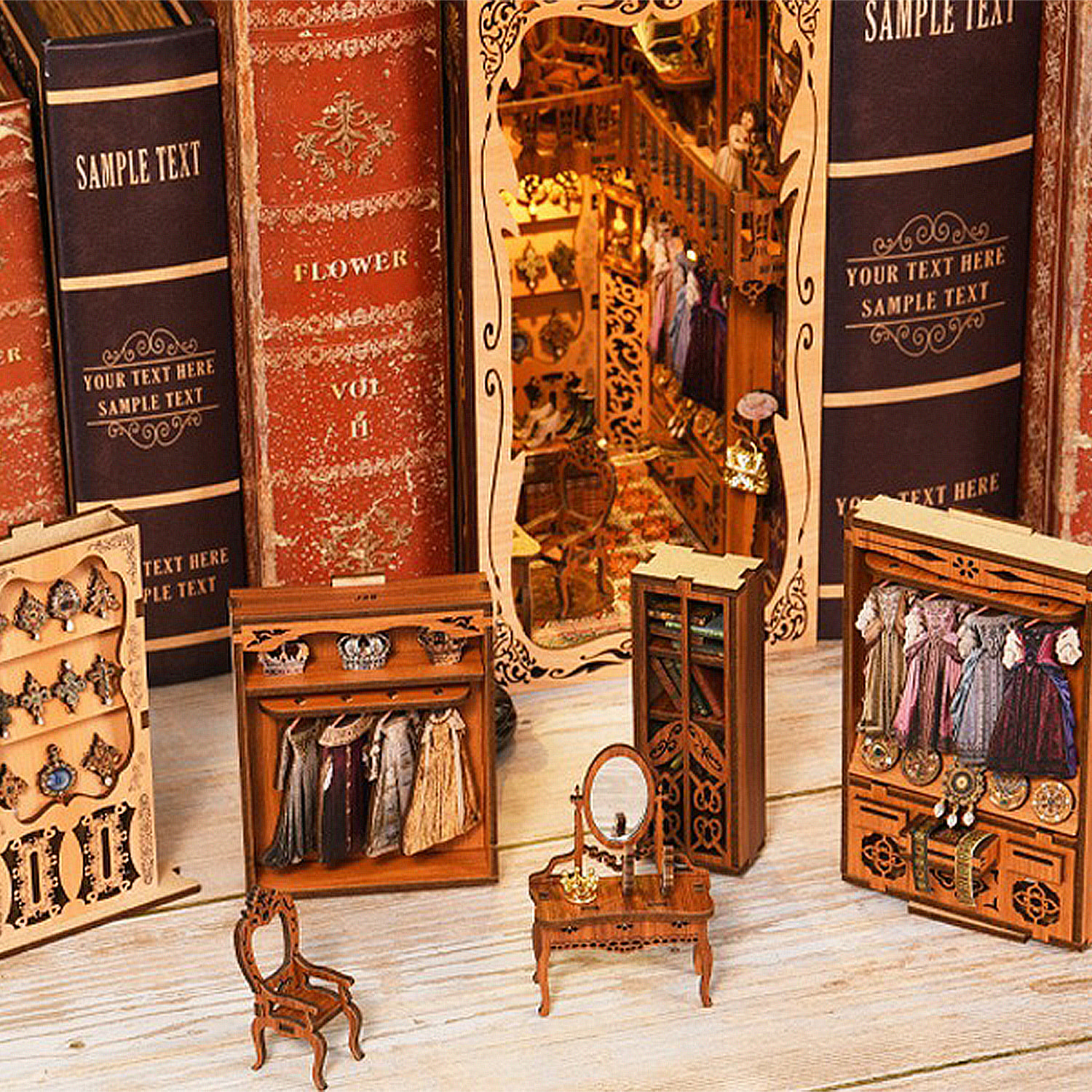 Guardarropa de la Duquesa. Book Nook de madera, diseño 3D realista con gran detalle, cubierta y luces led. 241 piezas.