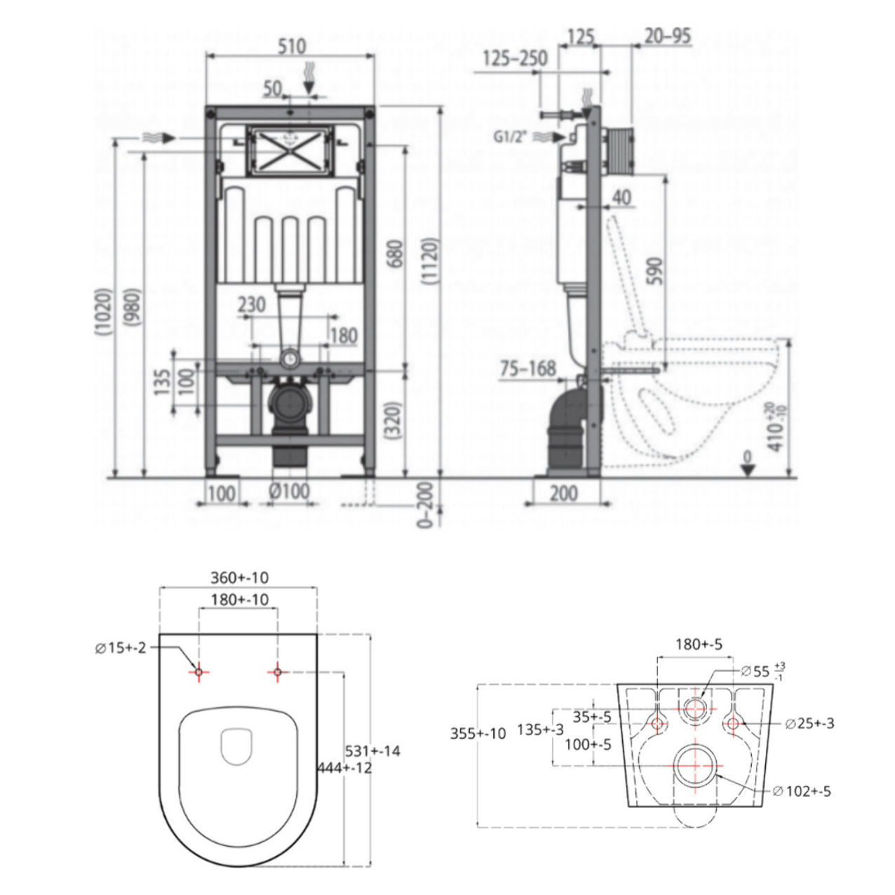 Pack WC bâti-autoportant + WC SAT sans bride fixations invisibles + Abattant softclose + Plaque blanche (SMART-Brevis-9)