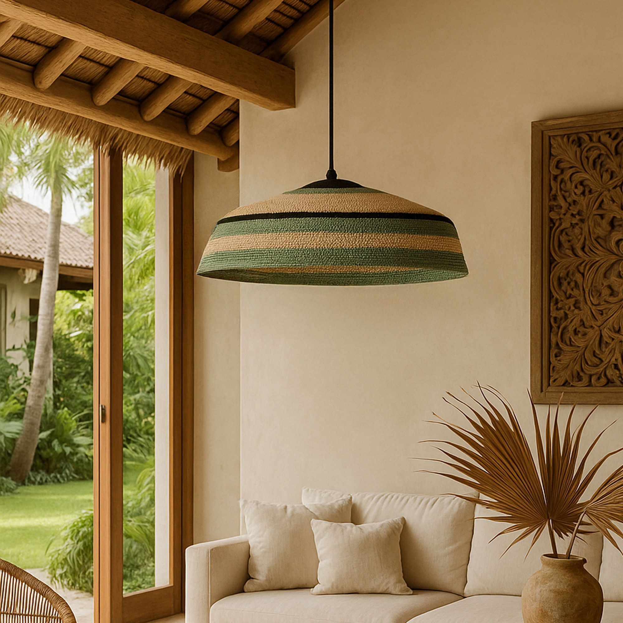 Suspension en jonc de mer naturel et vert TRINIDAD