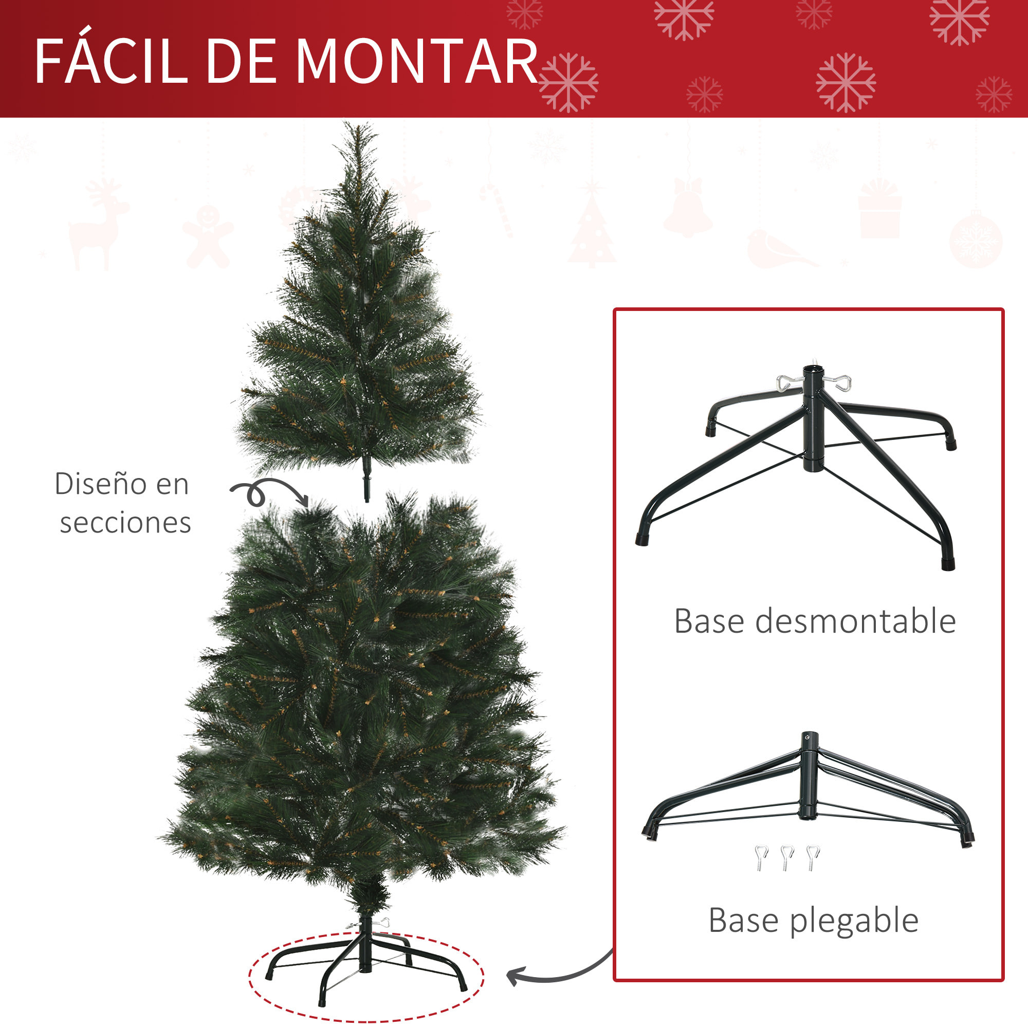 HOMCOM árbol de Navidad 150 cm Artificial con 219 Agujas de Pino de PVC Ignífugo Base Plegable y Soporte de Acero Montaje Rápido Decoración Navideña para Interiores Verde