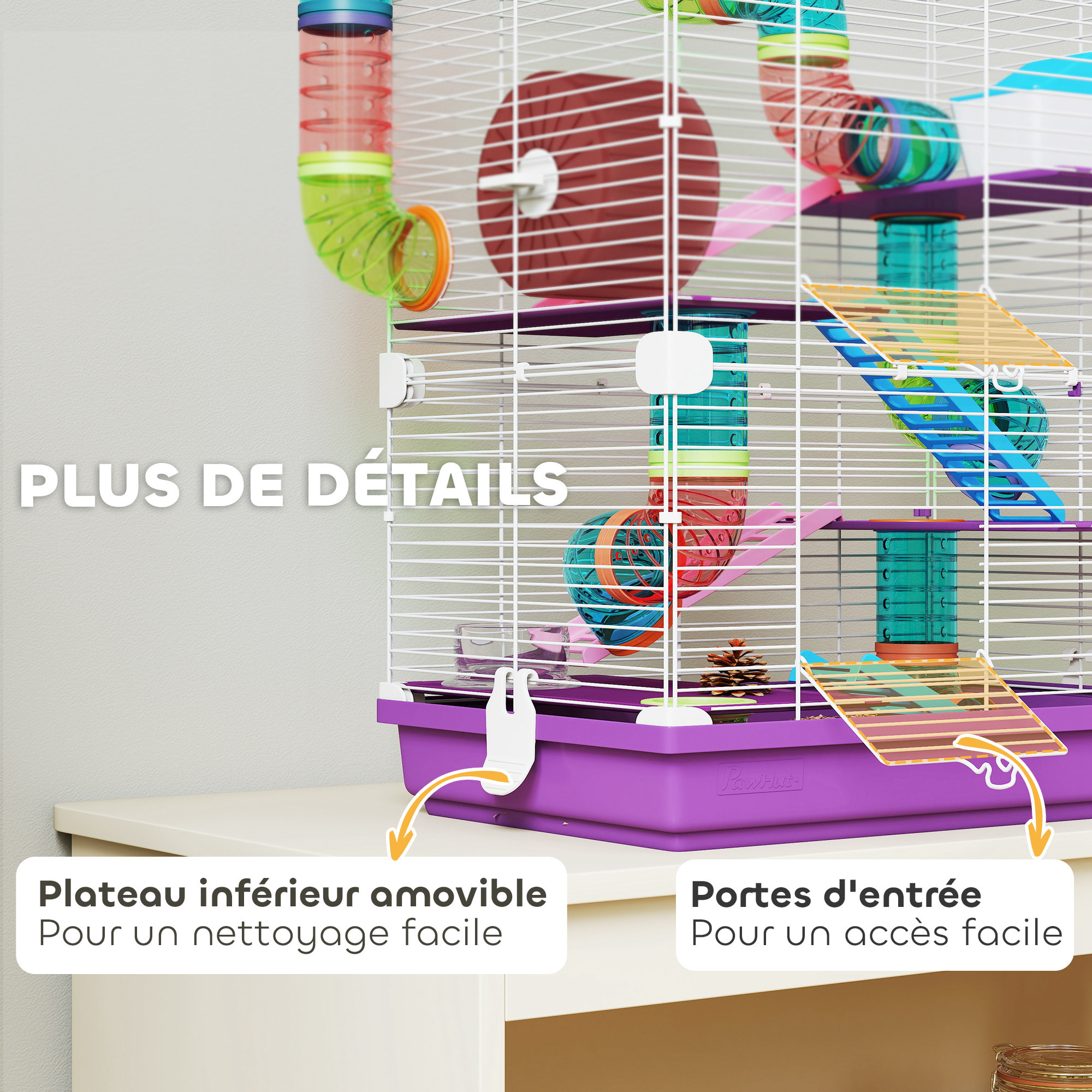 Cage pour hamster souris rongeur 4 étages avec tunnels mangeoire roue maison échelles dim. 46L x 30l x 58H cm violet