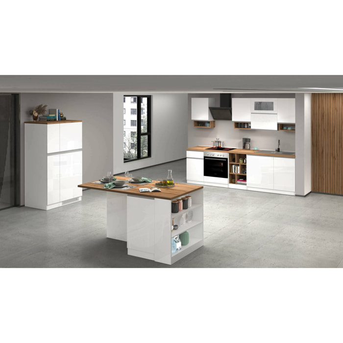 Cucina completa Armend, Set con dispensa, Mobile per cucinotto, Kit blocco con isola e portafrigo, 100% Made in Italy, Bianco lucido e Rovere