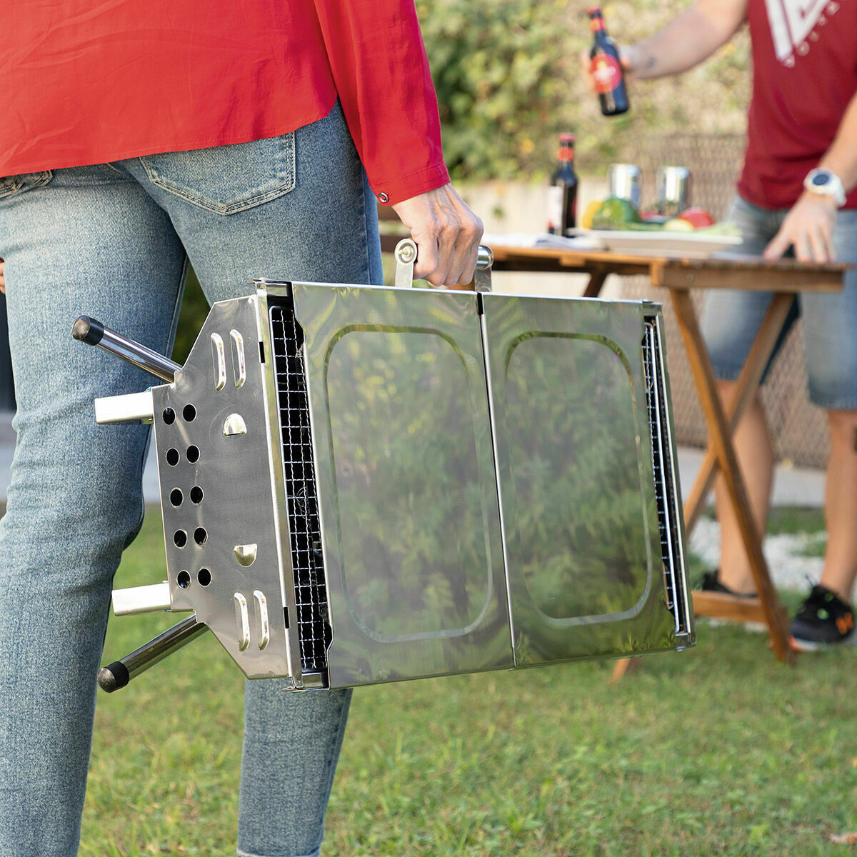 Pack Barbecue Pieghevole in Acciaio Inossidabile a Carbone e Accendino Elettrico Ricaricabile e Flessibile InnovaGoods