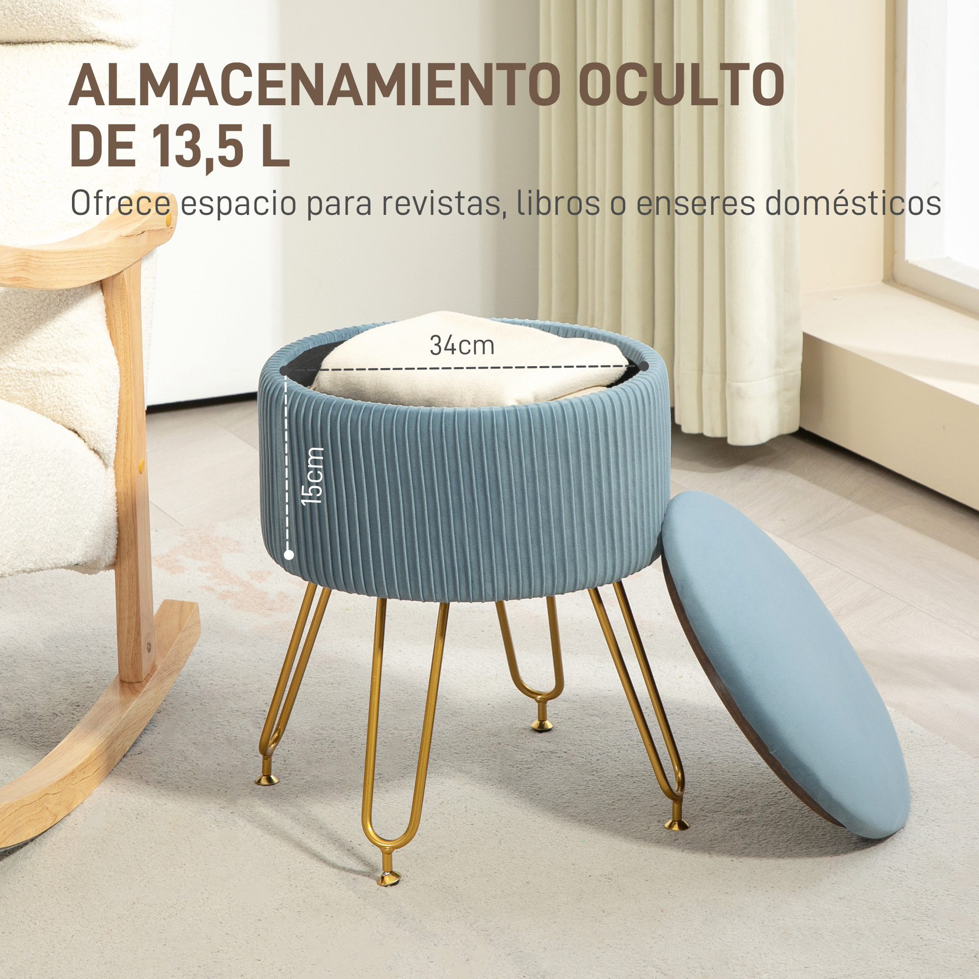 Baúl de Almacenaje para Dormitorio Puff Almacenaje Tapizado en Terciopelo Banco de Almacenaje con Patas de Acero para Pasillo Salón Ø40x48 cm Azul Claro