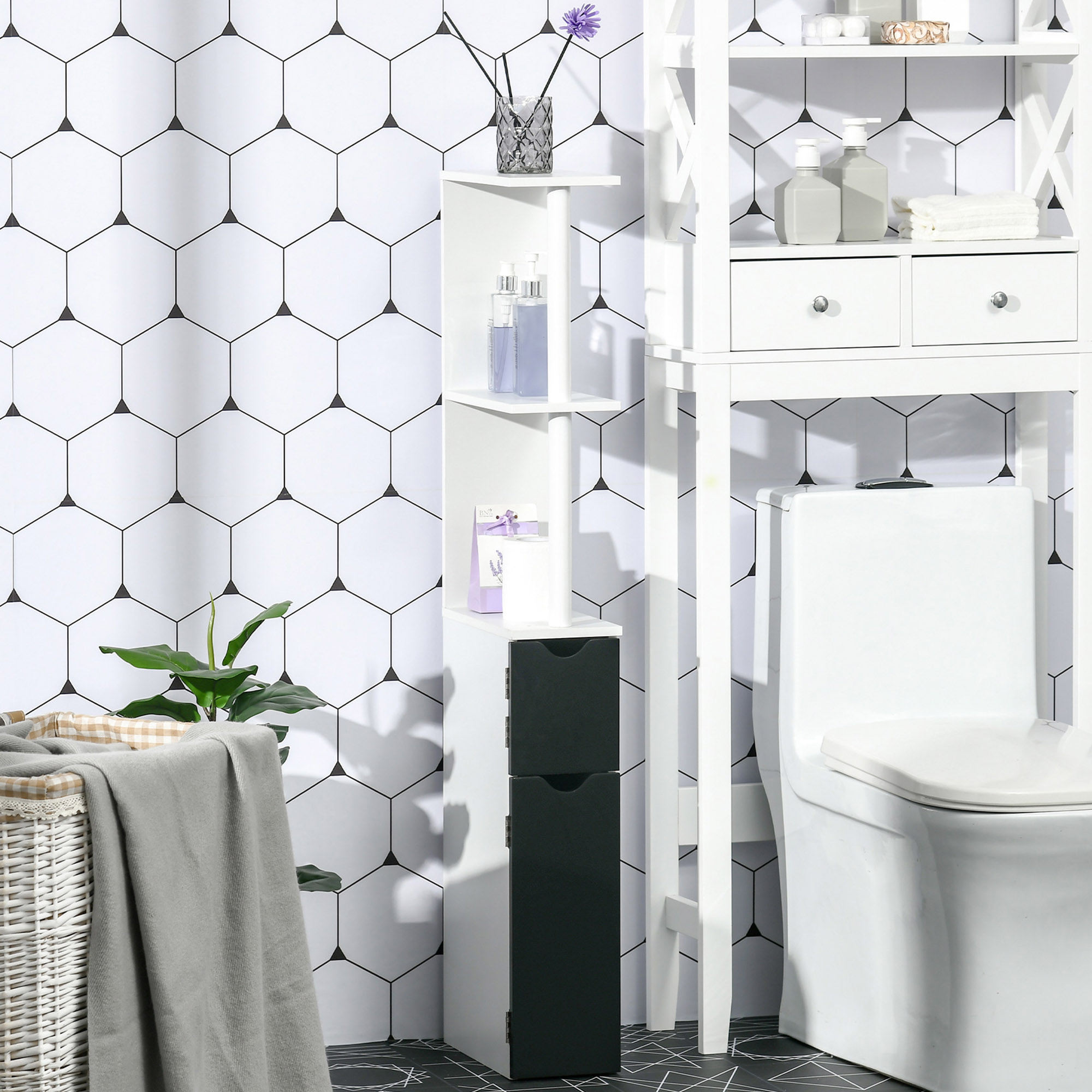 kleankin Armario Alto de Baño con 2 Puertas y 2 Estantes Abiertos Columna Auxiliar de Baño para Salón Aseo Dormitorio Estilo Moderno 15,2x29,8x118 cm Blanco y Negro