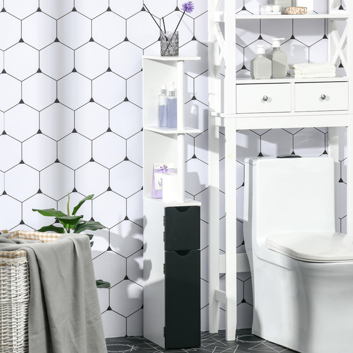 kleankin Armario Alto de Baño con 2 Puertas y 2 Estantes Abiertos Columna Auxiliar de Baño para Salón Aseo Dormitorio Estilo Moderno 15,2x29,8x118 cm Blanco y Negro